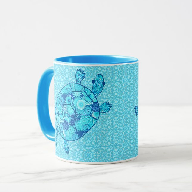 Fractalen virvlar runt sköldpaddan - kobolt- och mugg (Framsida vänster)