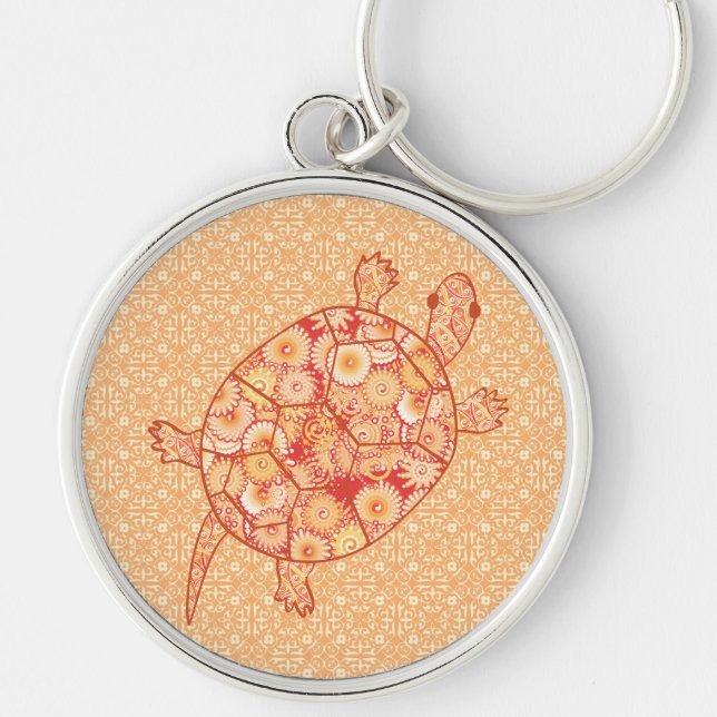 Fractalsköldpadda - orange av mandarin rund silverfärgad nyckelring (Framsidan)