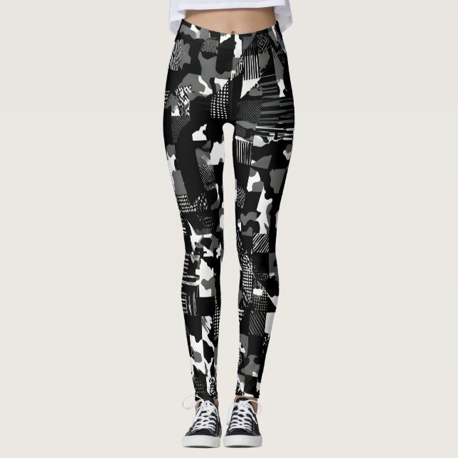"Fractura" - Svart Vitt Kamouflage Mönster  Leggings (Framsida)