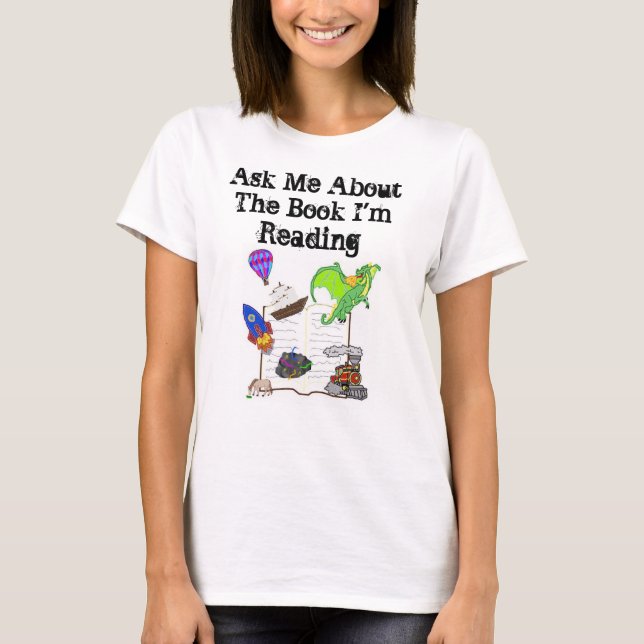 Fråga mig om boken mig förmiddagläsningtshirten tee (Framsida)
