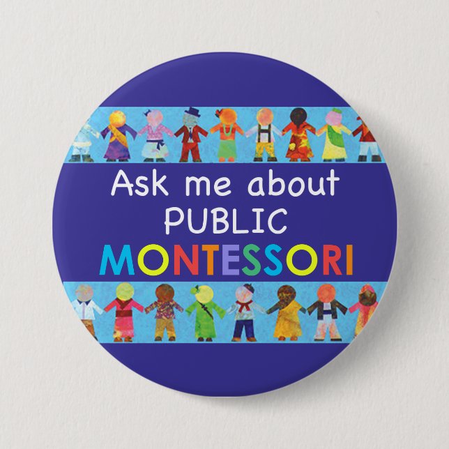 Fråga mig om OFFENTLIG MONTESSORI 3" rundan Knapp (Framsida)
