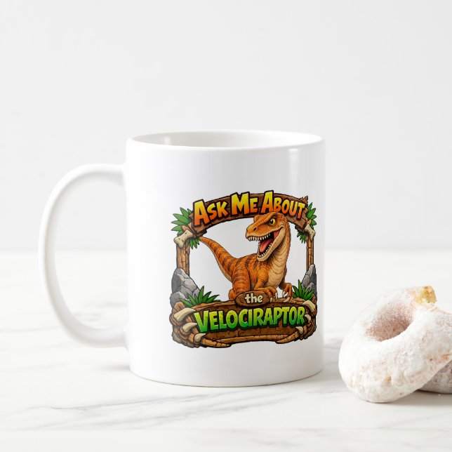 Fråga mig om Velociraptor | Varm choklad | Kaffemugg (Med munk)