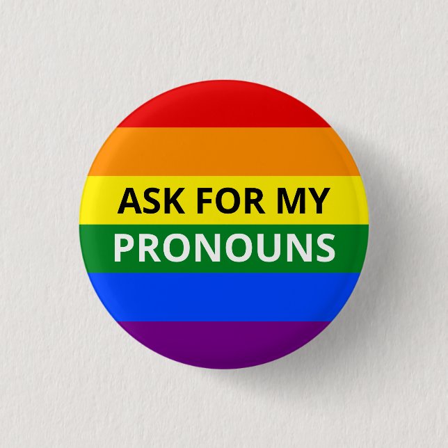 Fråga min pronouns Rainbow Badge Knapp (Framsida)