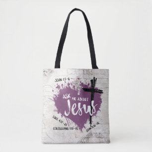 FRÅGA OM JESUS Christian Lila Heart Bible Quote Tygkasse