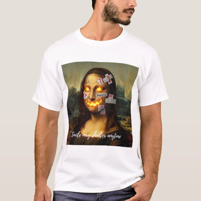 Fragile Meme Art - Mona Lisa Pumpkin Smile Parody T Shirt (Framsida)
