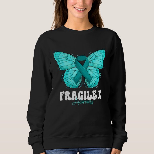Fragile X Awareness Month Teal Ribbon Butterfly T Shirt (Framsida)