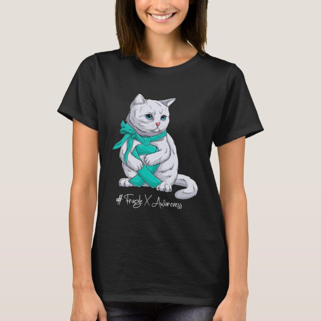 Fragile X Awareness Month Teal Ribbon Cat T Shirt (Framsida)