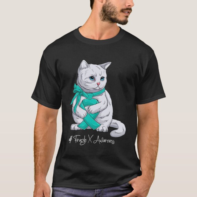 Fragile X Awareness Month Teal Ribbon Cat T Shirt (Framsida)