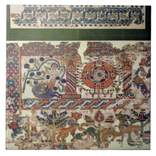 Fragment av textilen som visar Jonah och val Kakelplatta