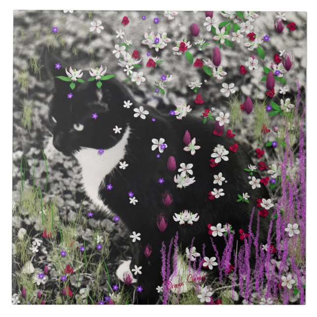 Fräknar i blommor mig - svart vitsmokingkattunge kakelplatta (Framsidan)