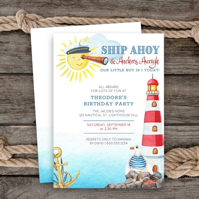 Frakt Ahoy Anchors Aweigh Boy's Nautical Birthday Inbjudningar (Nautical themed boys birthday invitation)