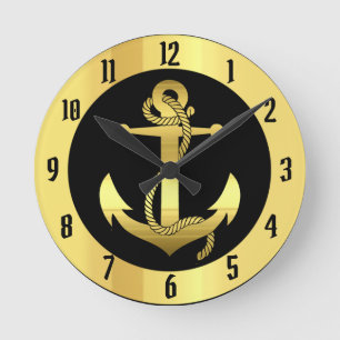 Frakt-/båtankare i Nautisk guld på svart Rund Klocka