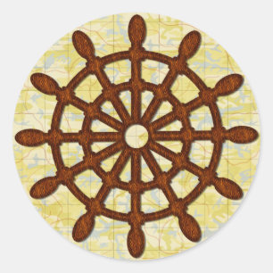 Frakt Helm Wheel i Wood Old Karta Nautical Seafari Runt Klistermärke