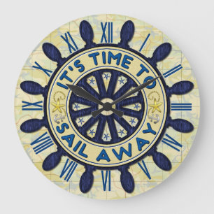 Frakt Helm Wood Wheel Blue Nautical Sail Away Kart Stor Klocka