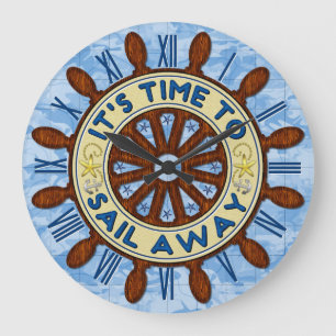 Frakt Helm Wood Wheel Nautical Blue Karta Sail Awa Stor Klocka