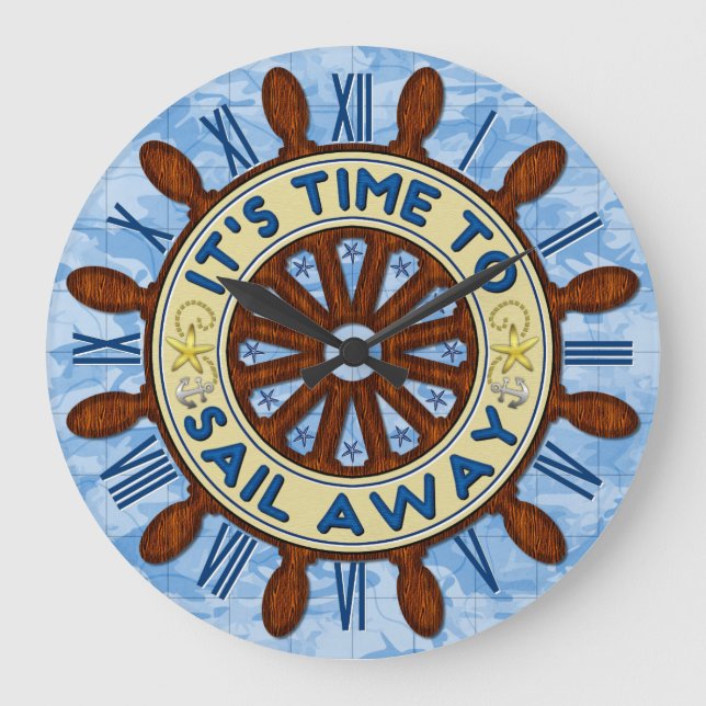 Frakt Helm Wood Wheel Nautical Blue Karta Sail Awa Stor Klocka (Framsida)