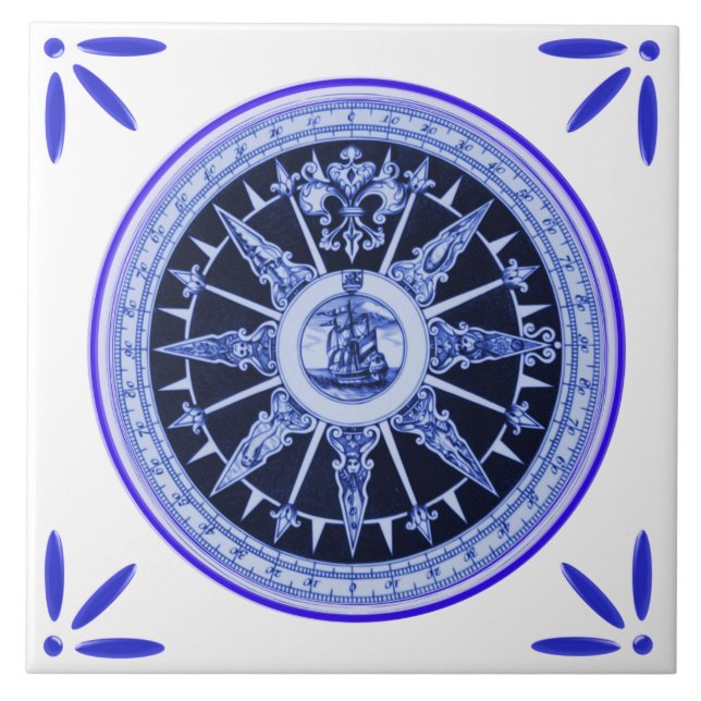 Frakt- och kompassflottaVintage-Delft-Blått-Look Kakelplatta (Framsidan)