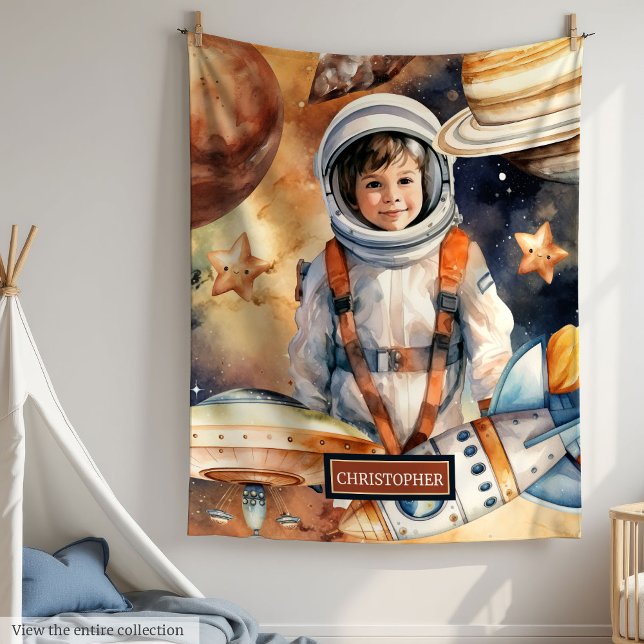 Frakt och planetutskrift av anpassat namn för avst fleecefilt (Custom Name Blanket Rocket Ship and Planet Print

)