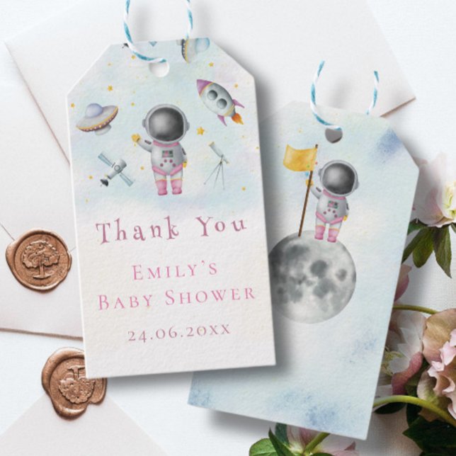 Frakt stjärna för rymdflicka Astronaut rosa rocket Presentetikett (Skapare uppladdad)