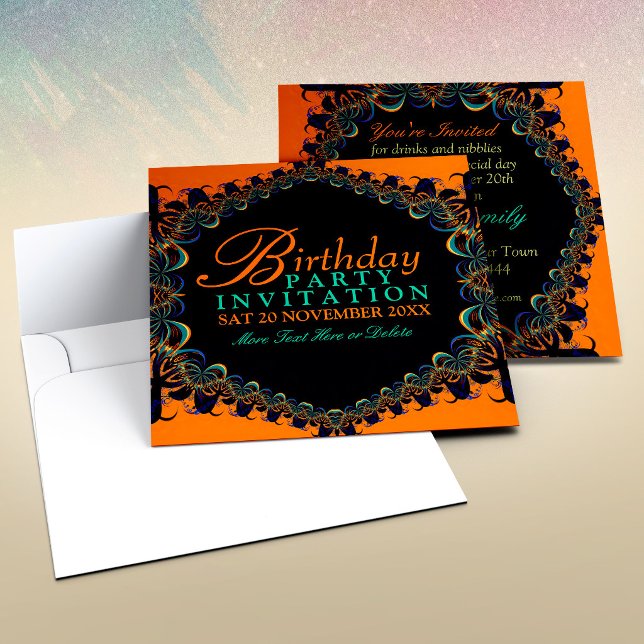 Fraktal Batik Spets Födelsedagsfest Inbjudningar (Fractal Batik Lace Birthday Party Invitations - Front and Back view)