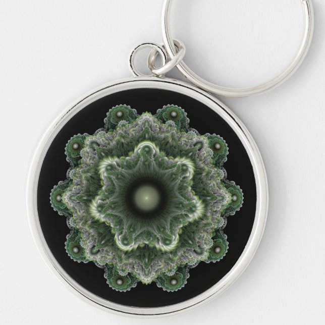 Fraktal finurlig ornament rund silverfärgad nyckelring (Framsidan)
