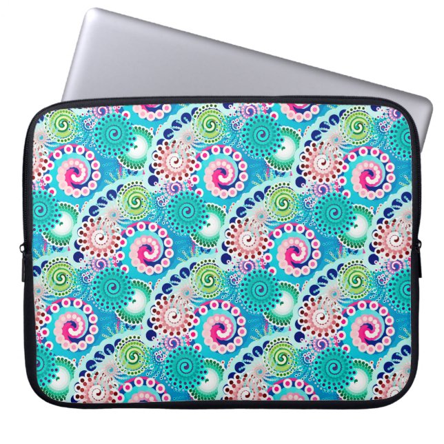 Fraktal virvelmönster, turkos, rosa, flervärgad laptop sleeve (Framsidan)