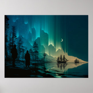 Fraktaser under måne och norra Ljus Poster