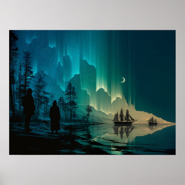 Fraktaser under måne och norra Ljus Poster (Framsidan)