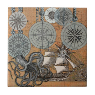 Frakten Compass Ro Vintage Nautical Octopus Kakelplatta
