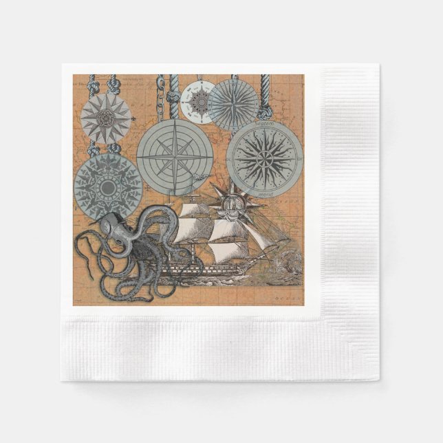 Frakten Compass Ro Vintage Nautical Octopus Pappersservett (Framsidan)