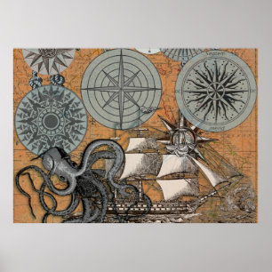 Frakten Compass Ro Vintage Nautical Octopus Poster