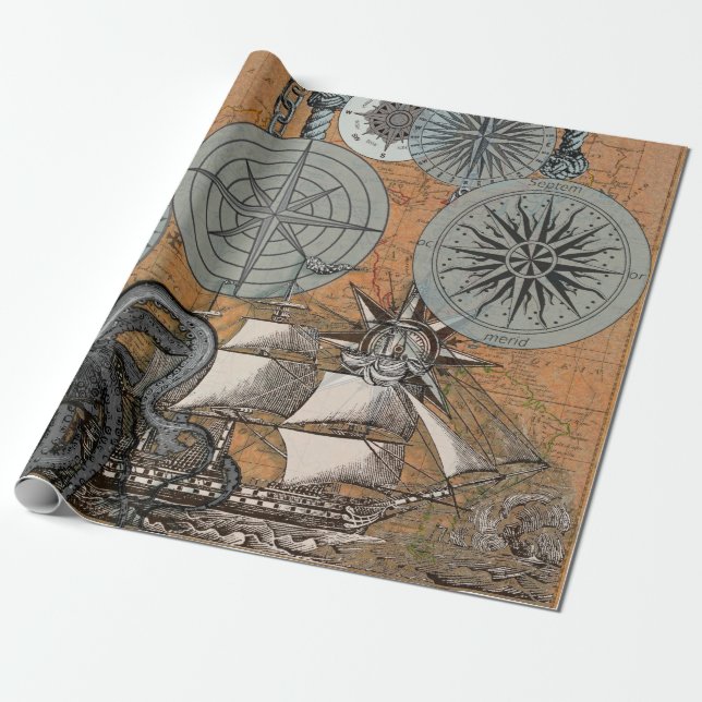 Frakten Compass Ro Vintage Nautical Octopus Presentpapper (Utrullad)