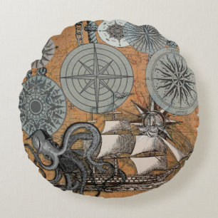 Frakten Compass Ro Vintage Nautical Octopus Rund Kudde