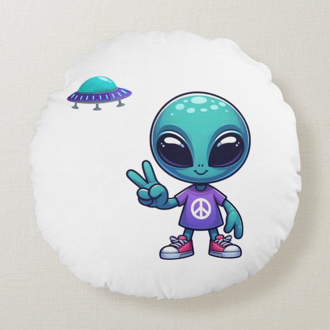 Frakten Cute Peace Alien & Space Rund Kudde (Framsidan)