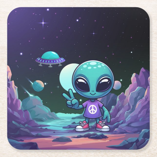 Frakten Cute Peace Alien & Space Underlägg Papper Kvadrat (Framsidan)