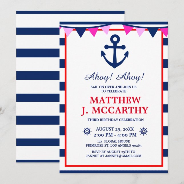 Frakten Nautical Anchor Navy Rand Baby Inbjudningar (Fram/baksida)