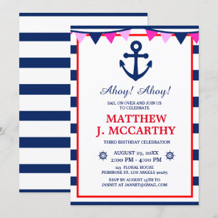 Frakten Nautical Anchor Navy Rand Baby Inbjudningar