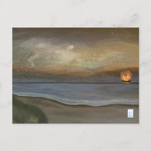 Frakten Ocracoke vid flamning i Pirat Vykort (Framsida)