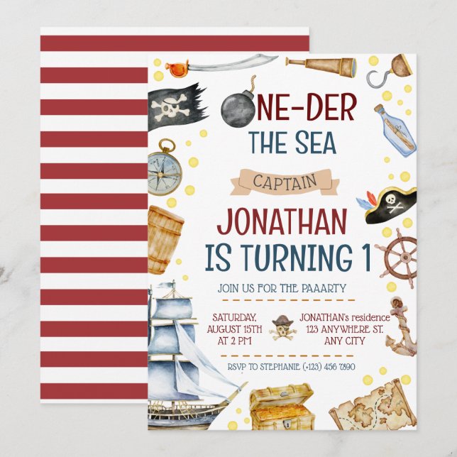 Frakten Pirat 1:a födelsedagen Party Inbjudningar (Fram/baksida)