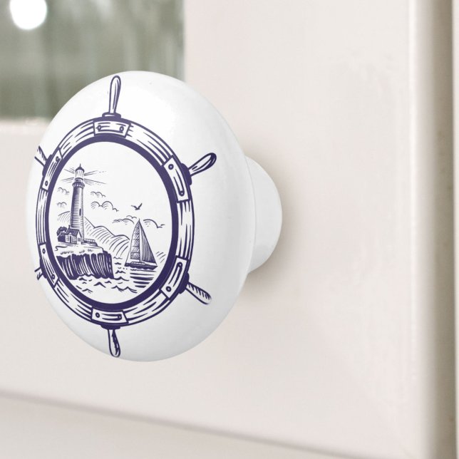 Frakten Wheel Nautical för  för kustblå bågfyr Knopp (Coastal Blue Beach Lighthouse Ship Wheel Nautical Ceramic Knob)