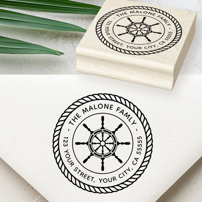 Fraktens hjulrep gräns nautisk returadress stämpel (Ship's wheel rope border nautical return address rubber stamp)