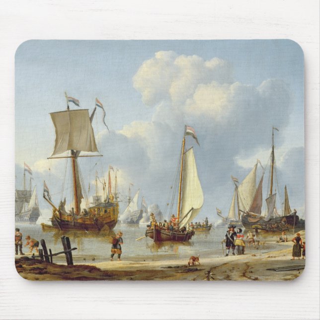 Frakter i lugnat vatten med figurer vid kusten musmatta (Framsidan)