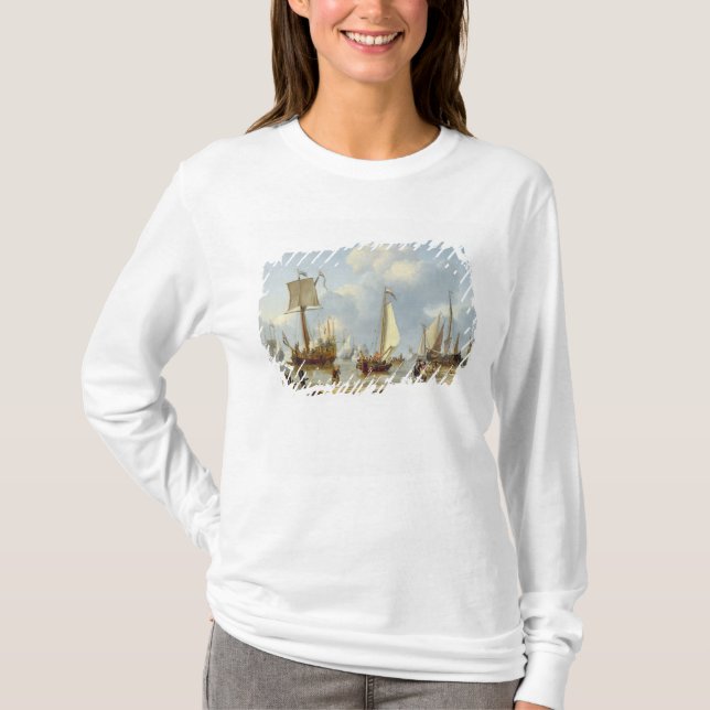 Frakter i lugnat vatten med figurer vid kusten t-shirt (Framsida)