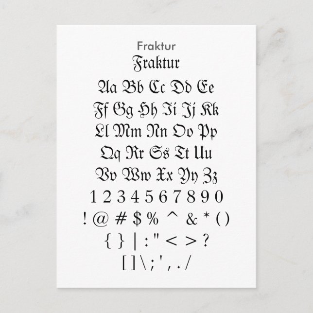 Fraktur - Zazzle Font Sampler Lakan Vykort (Framsida)