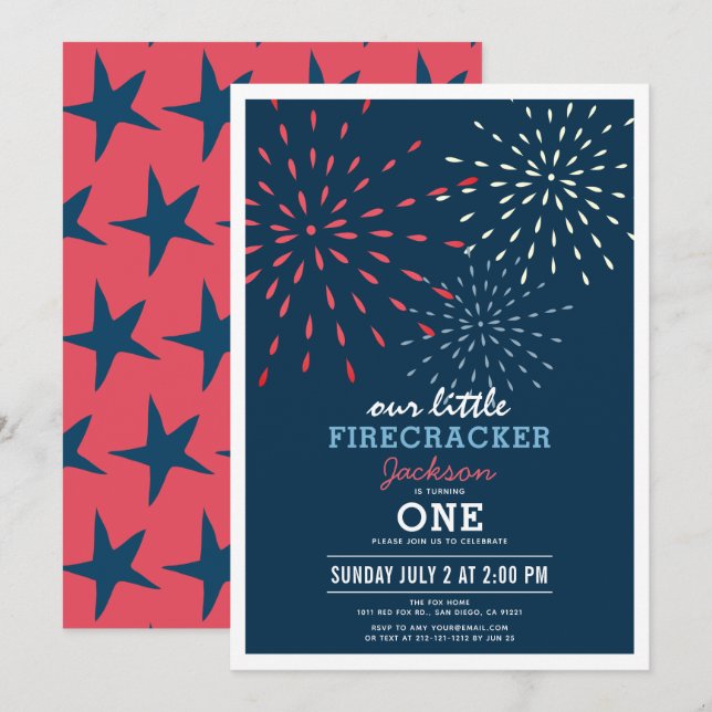 Frälsare 4:e juli Fireworks Birthday Inbjudningar (Fram/baksida)