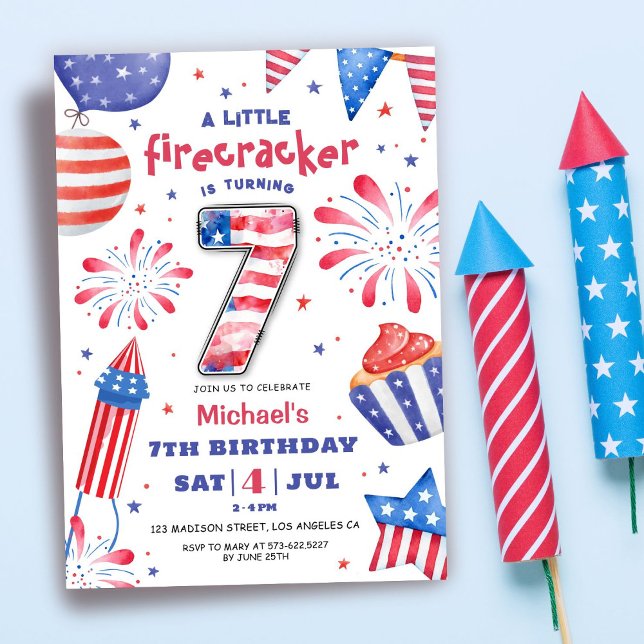 Frälsare 4 juli 7:e födelsedag Patriotic Cute Inbjudningar (Skapare uppladdad)