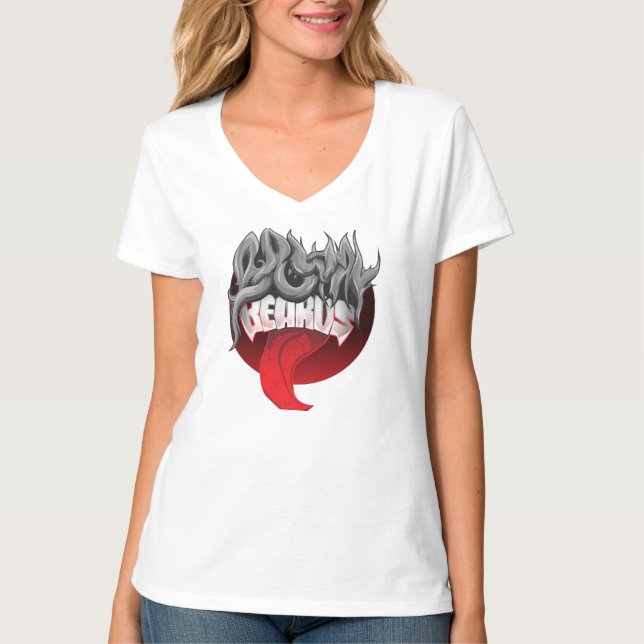 Fram- och baksida av en vit V-ringad T-shirt (Framsida)