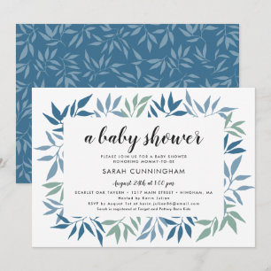 Framad Greeenery Lämnar Blue och Grönt Baby Shower Inbjudningar