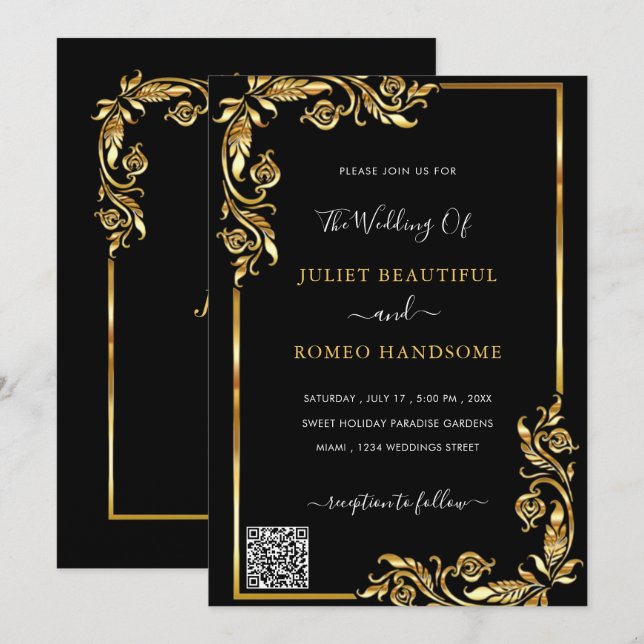 Framad inbjudan till svartvit Guld-bröllop med QR- (Fram/baksida)