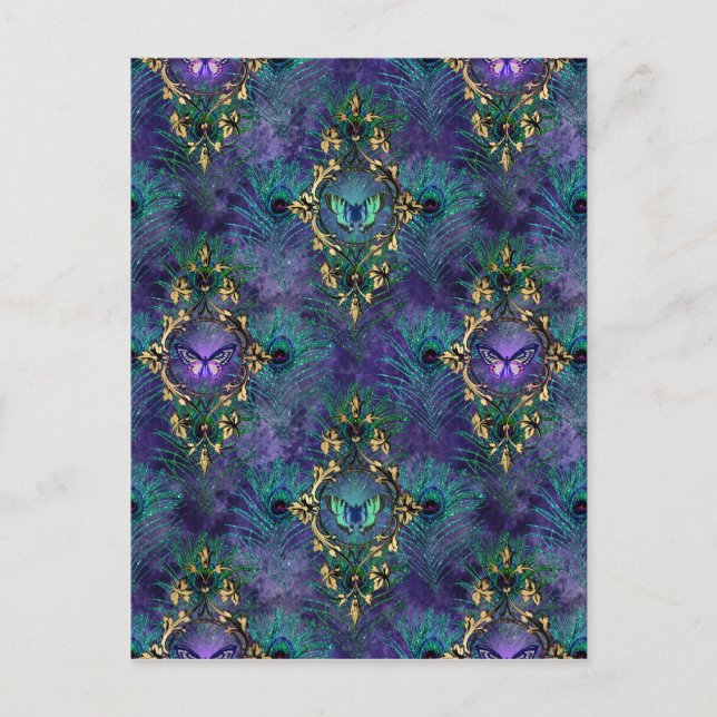 Framade fjärilar och peacock-fjädrar vykort (Framsida)